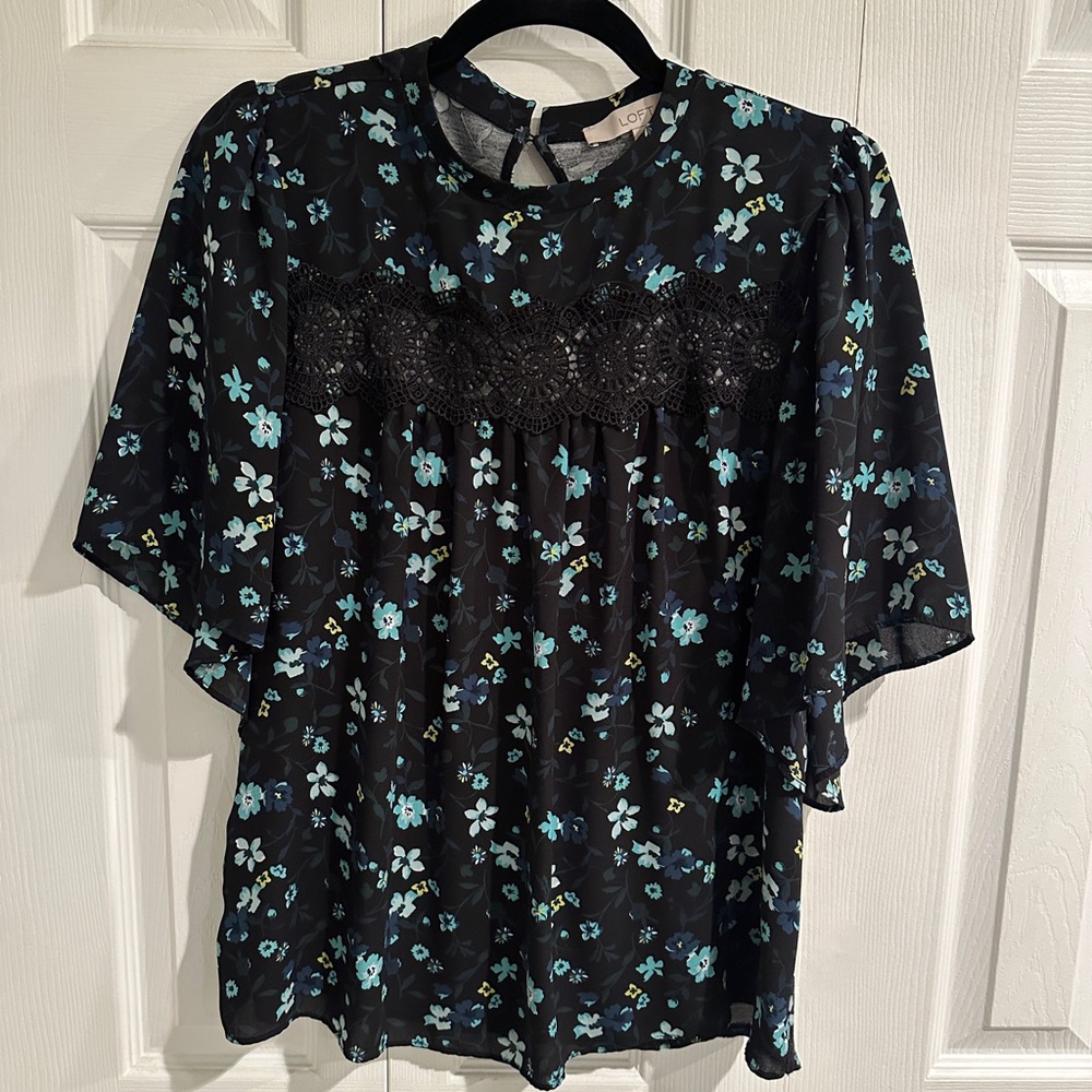 LOFT Black and Blue Floral Blouse